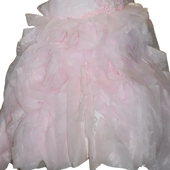 Pink ruffled dress on a wooden floor