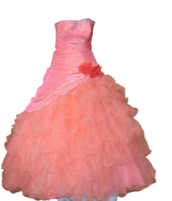 Load image into Gallery viewer, coral ball gown with floral detail on a mannequin against a beige wall.
