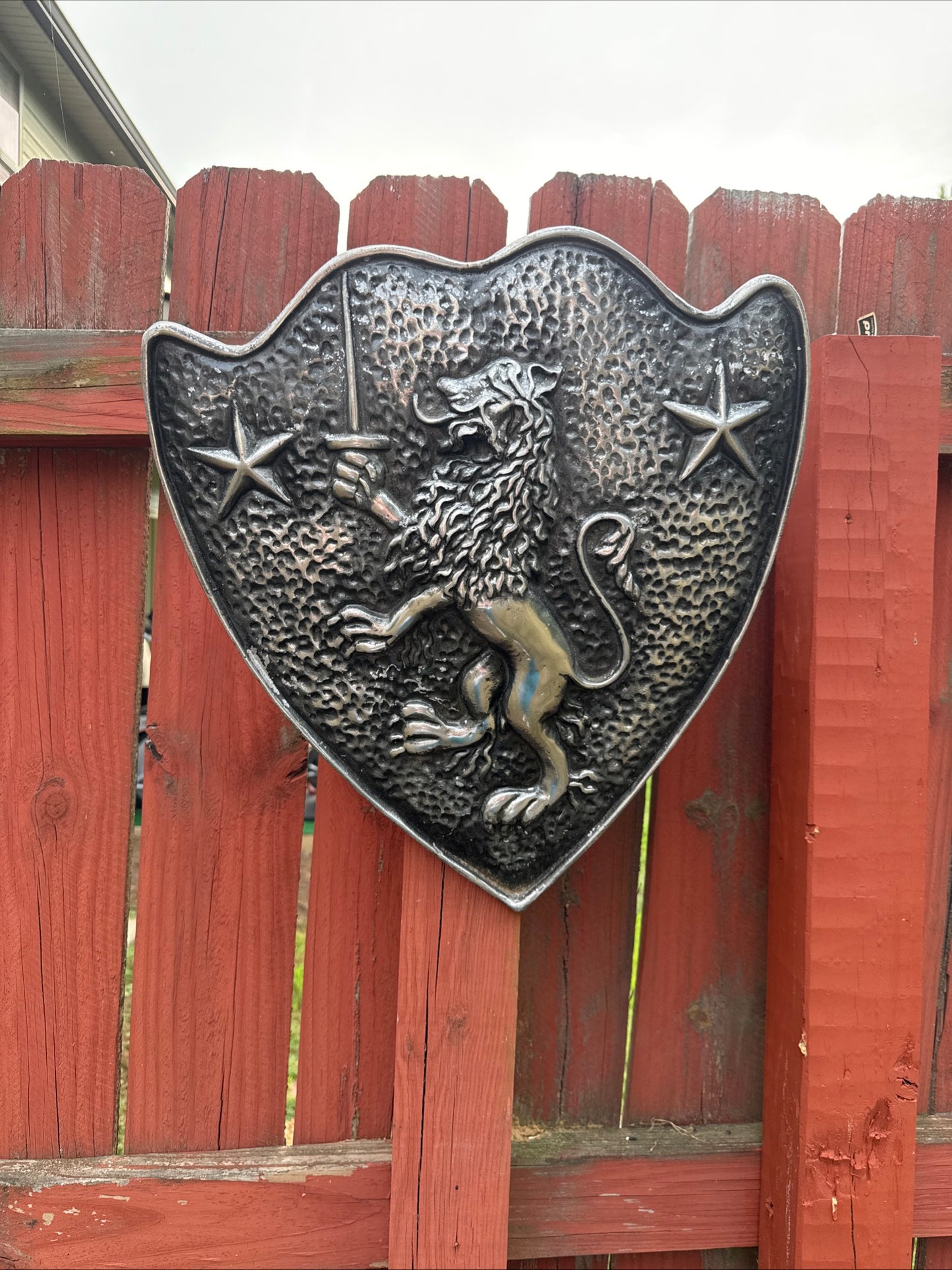 Vintage Cast Aluminum HERALDIC SHIELD Rampant Lion With Sword & Stars Mediaval