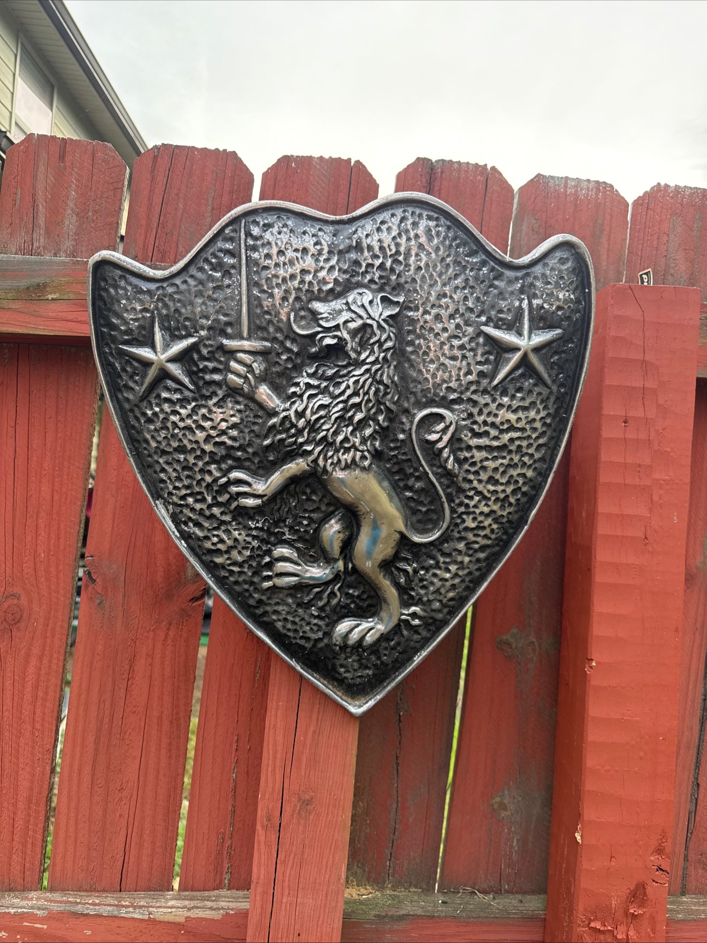 Vintage Cast Aluminum HERALDIC SHIELD Rampant Lion With Sword & Stars Mediaval