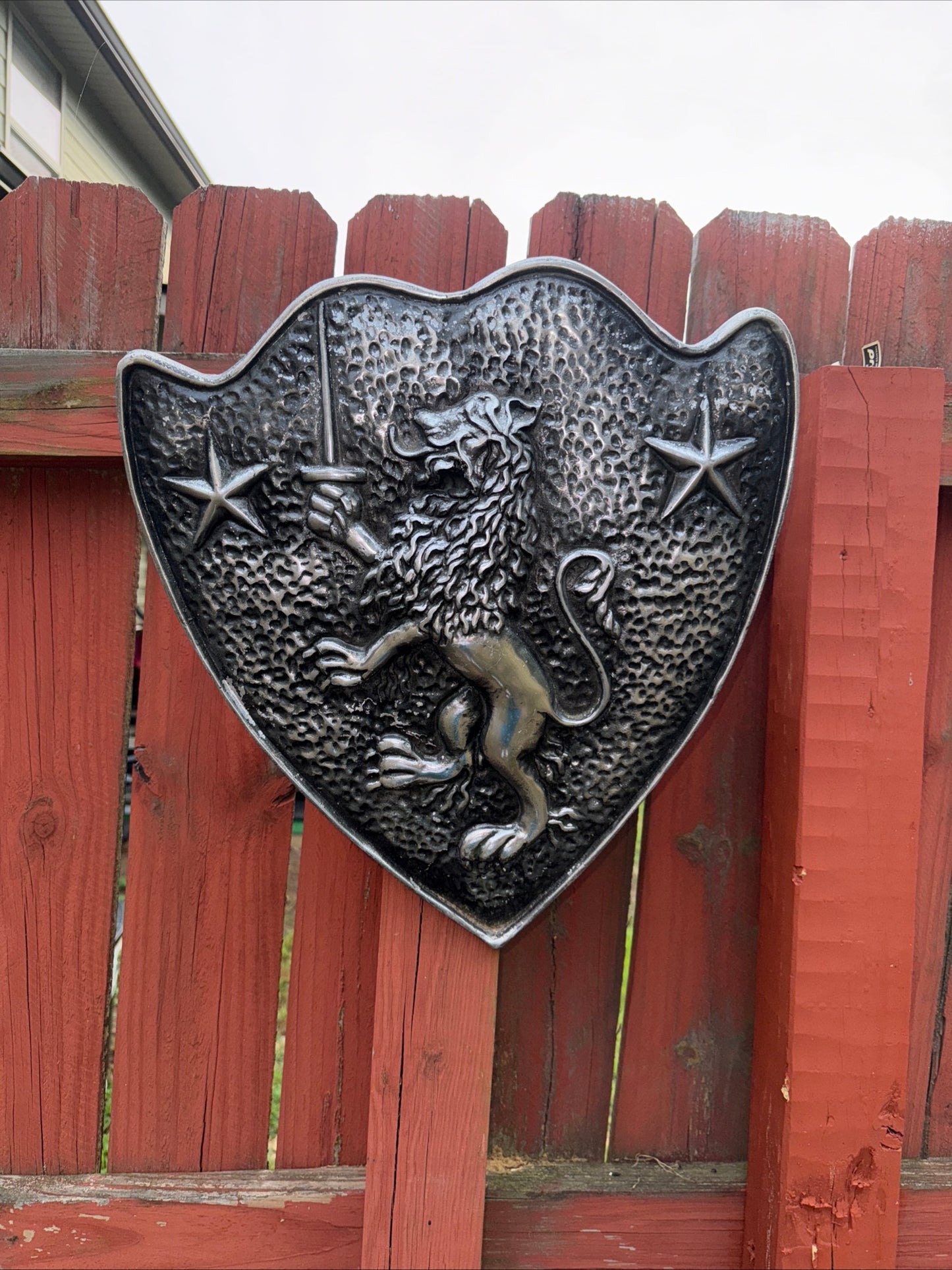 Vintage Cast Aluminum HERALDIC SHIELD Rampant Lion With Sword & Stars Mediaval