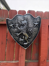 Load image into Gallery viewer, Vintage Cast Aluminum HERALDIC SHIELD Rampant Lion With Sword &amp; Stars Mediaval
