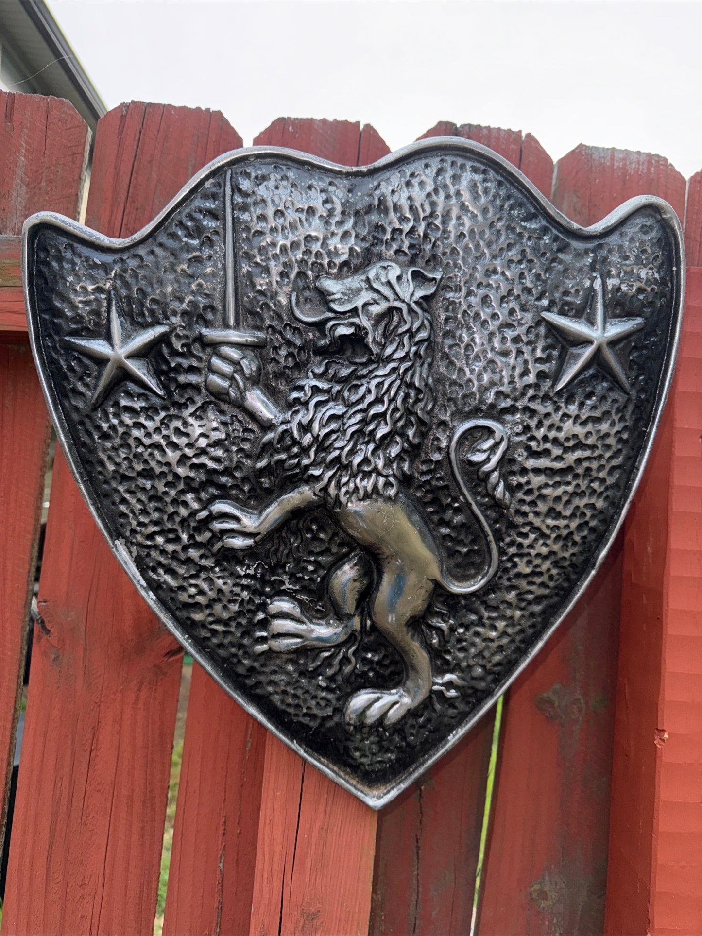 Vintage Cast Aluminum HERALDIC SHIELD Rampant Lion With Sword & Stars Mediaval