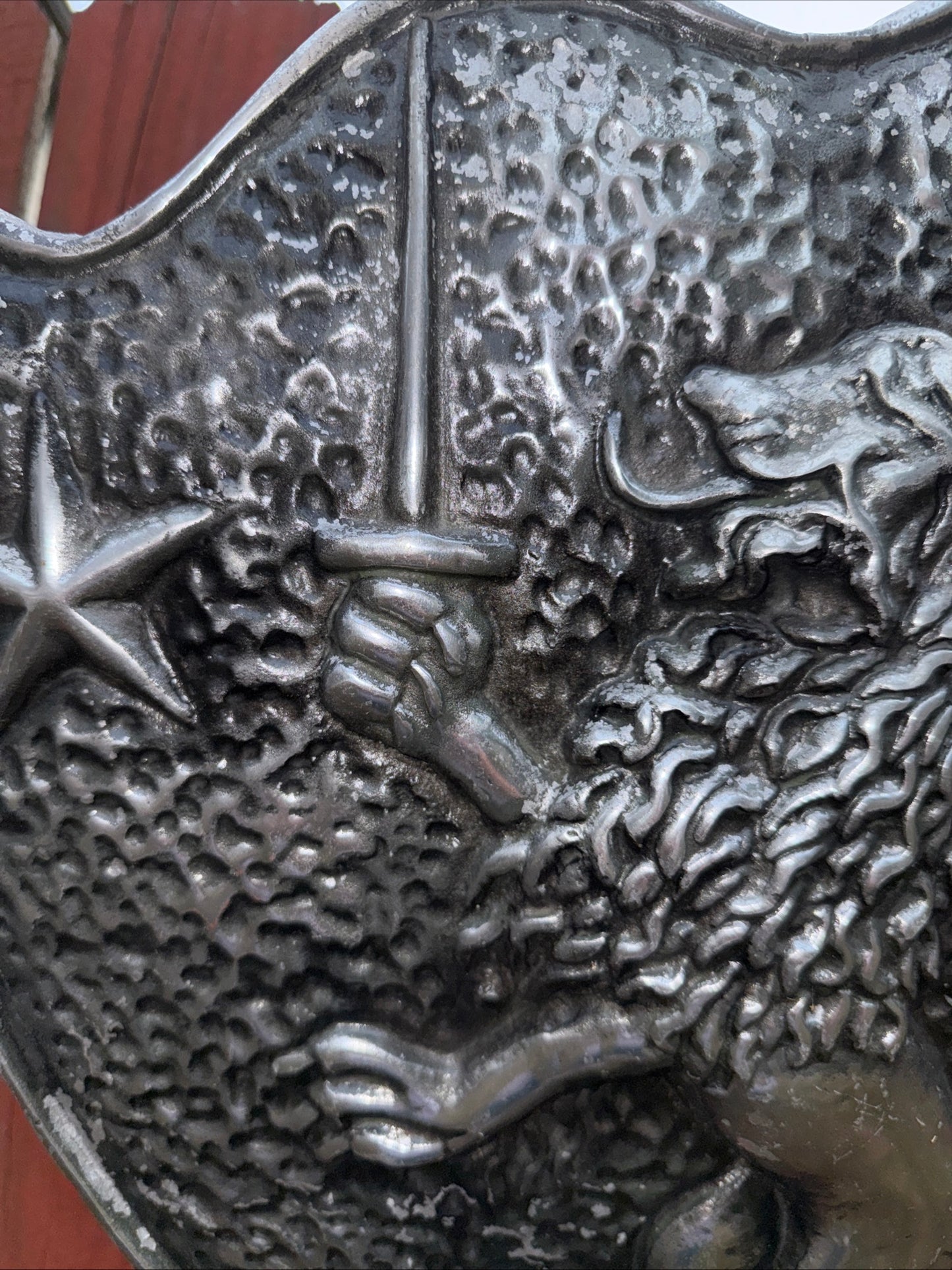 Vintage Cast Aluminum HERALDIC SHIELD Rampant Lion With Sword & Stars Mediaval