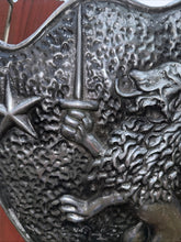 Load image into Gallery viewer, Vintage Cast Aluminum HERALDIC SHIELD Rampant Lion With Sword &amp; Stars Mediaval

