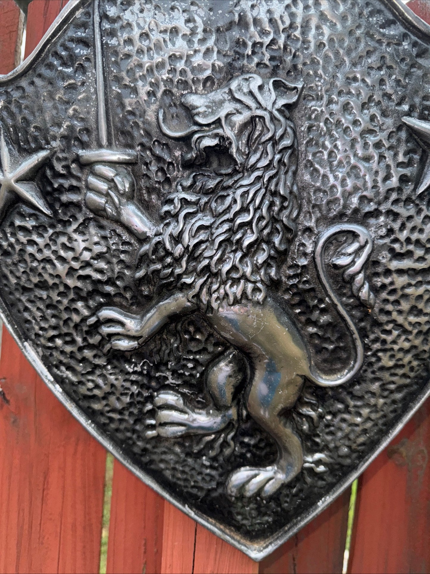 Vintage Cast Aluminum HERALDIC SHIELD Rampant Lion With Sword & Stars Mediaval