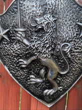 Load image into Gallery viewer, Vintage Cast Aluminum HERALDIC SHIELD Rampant Lion With Sword &amp; Stars Mediaval
