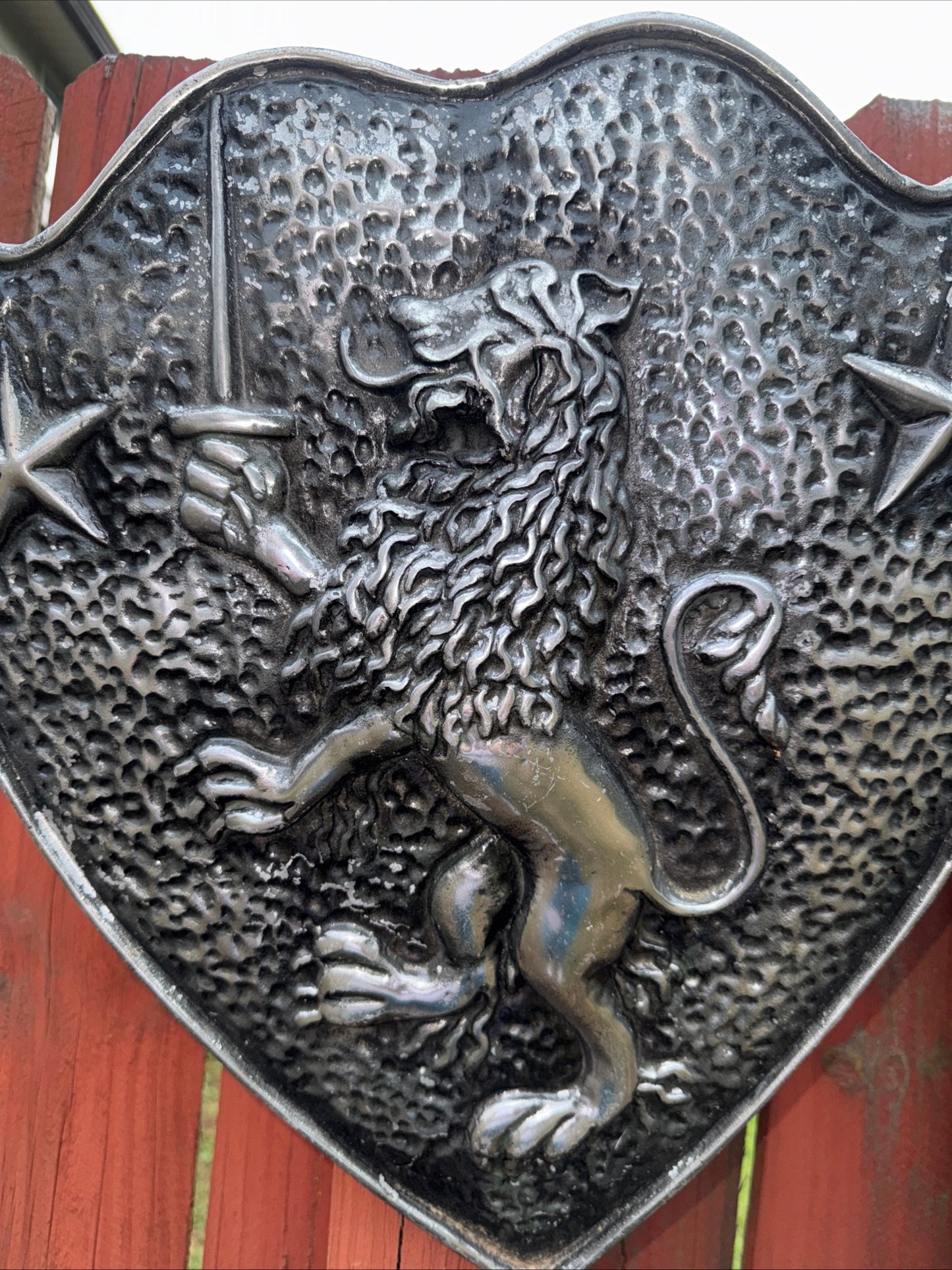 Vintage Cast Aluminum HERALDIC SHIELD Rampant Lion With Sword & Stars Mediaval