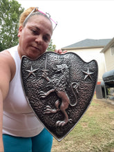 Load image into Gallery viewer, Vintage Cast Aluminum HERALDIC SHIELD Rampant Lion With Sword &amp; Stars Mediaval
