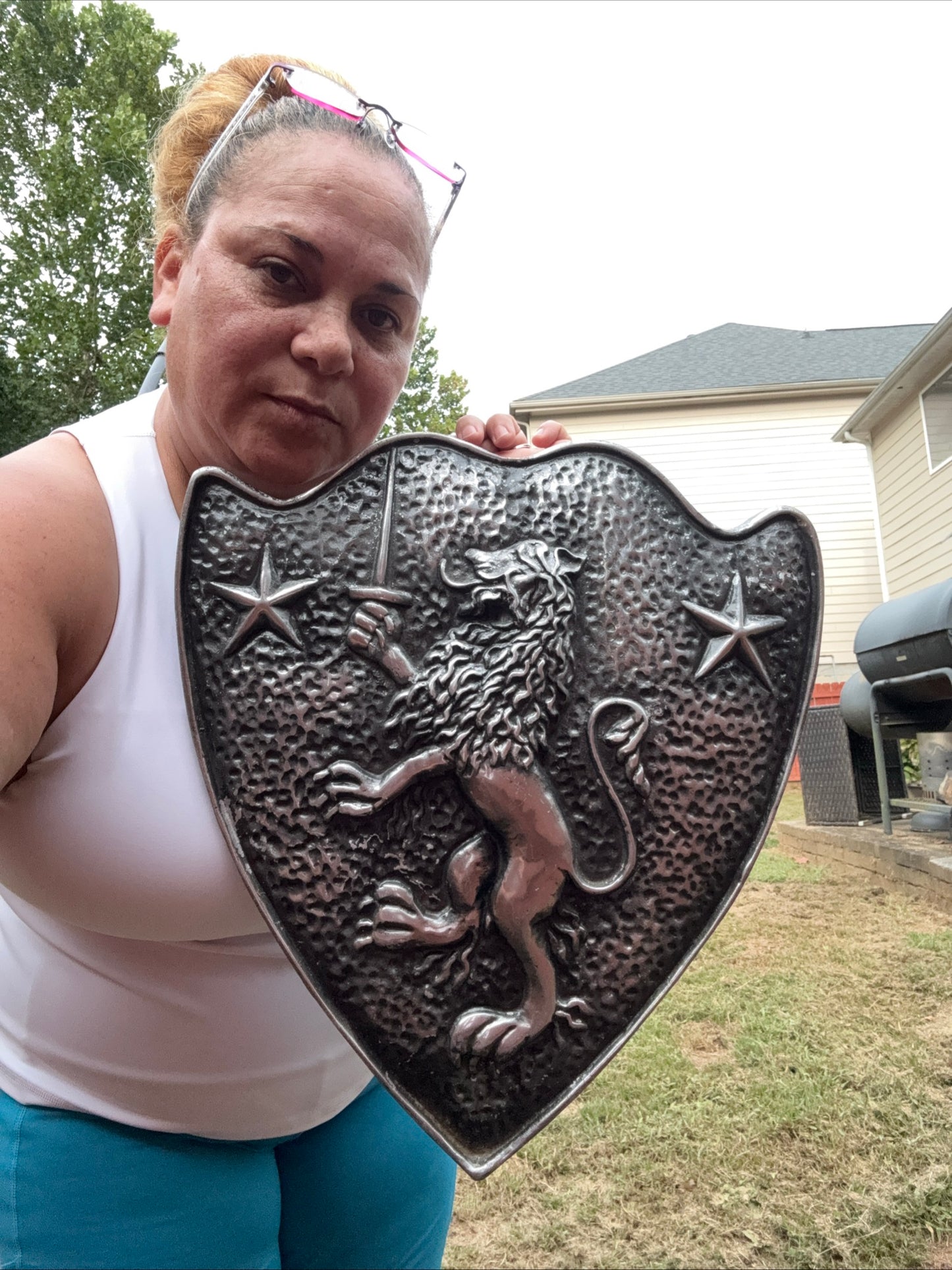 Vintage Cast Aluminum HERALDIC SHIELD Rampant Lion With Sword & Stars Mediaval