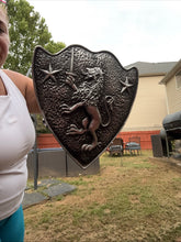 Load image into Gallery viewer, Vintage Cast Aluminum HERALDIC SHIELD Rampant Lion With Sword &amp; Stars Mediaval

