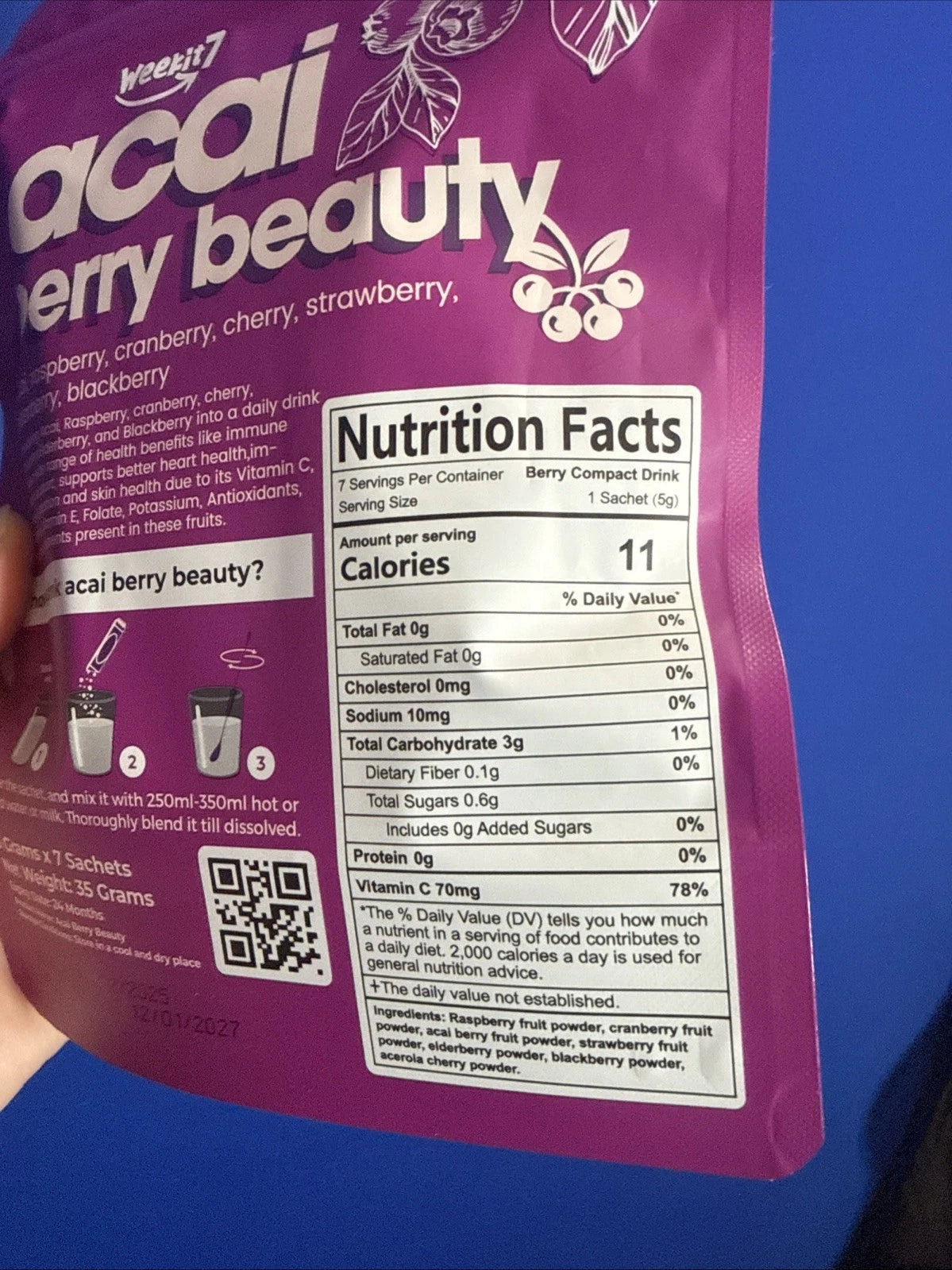 Acai Berry Beauty Drink Mix 7-Berry Daily Supplement 7 Sachets